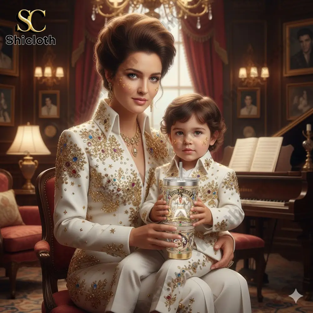 Mother and child wearing Elvis style outfits holding a themed tumbler!