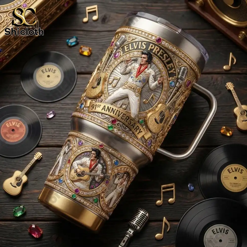 Elvis Presley anniversary tumbler surrounded by music records!