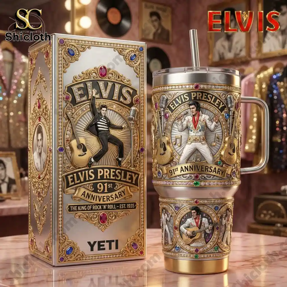 Elvis Presley 91st Anniversary EST.1935 40oz Tumbler 3 Elvis Presley anniversary tumbler with decorative gift box!