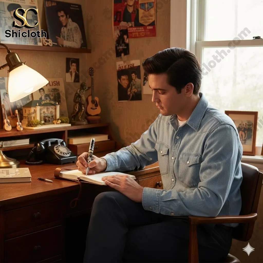 Man writing in notebook at vintage desk with Elvis Presley themed pen and decor!