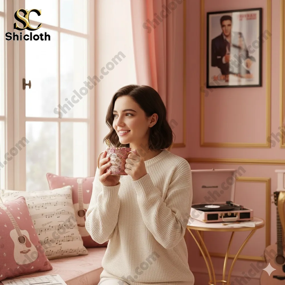 Woman holding a pink Elvis Presley themed mug in a cozy pastel room.