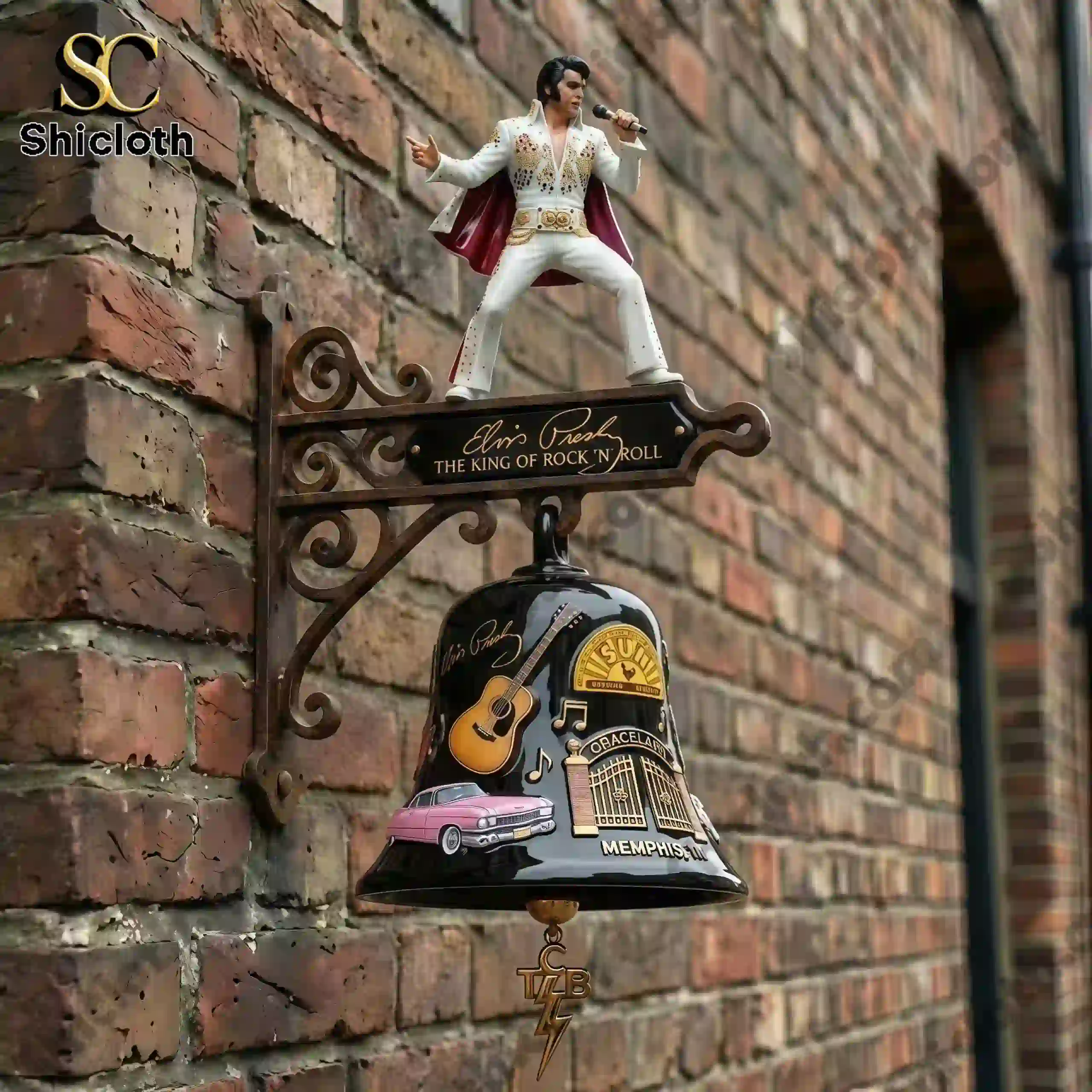 Elvis Presley King of Rock and Roll wall bell mounted on brick wall!