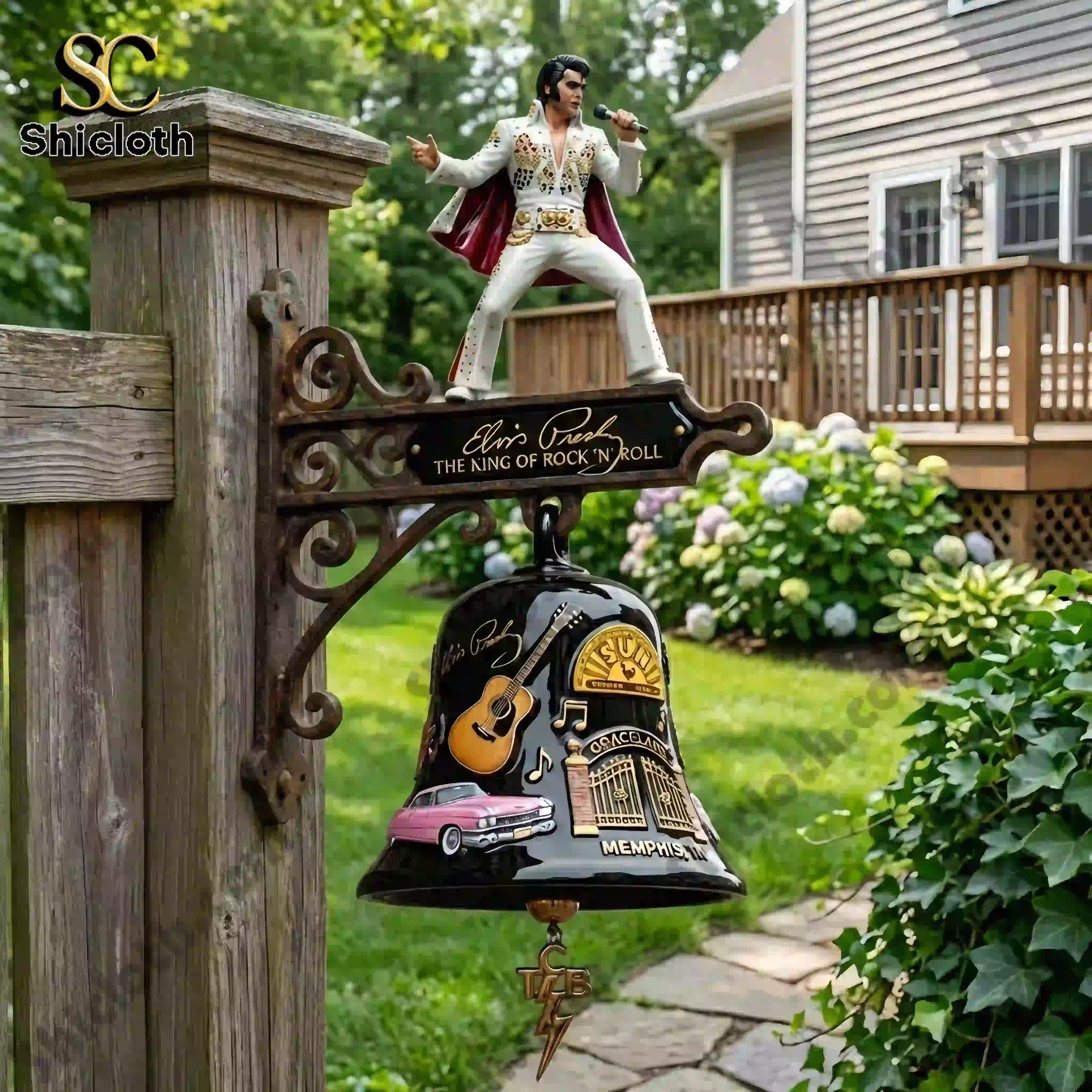 Elvis Presley The King of Rock 'n' Roll Collector's Wall Bell 3 Elvis Presley King of Rock and Roll wall bell mounted on wooden post in garden!