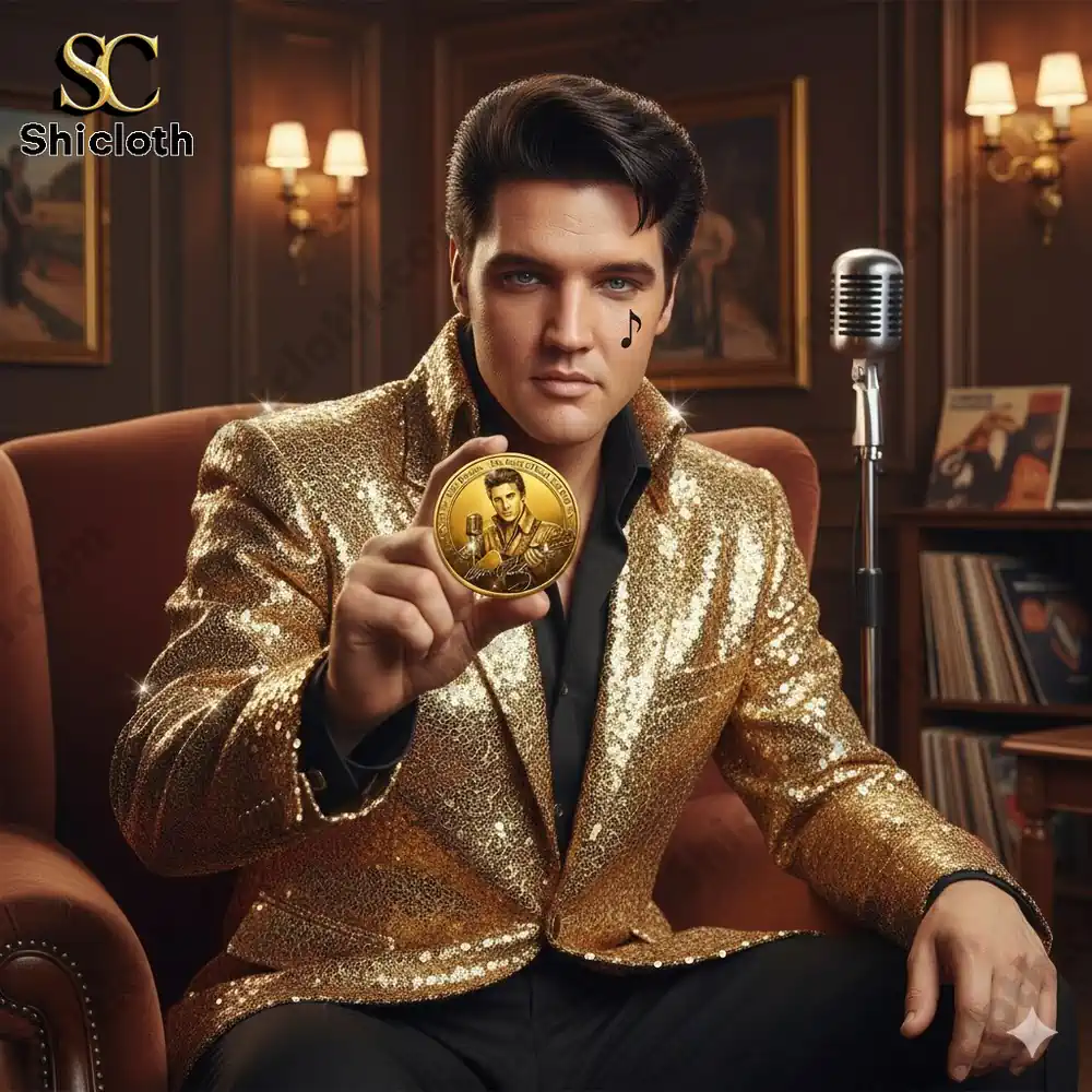 Elvis Presley in a gold jacket holding a commemorative gold coin beside a vintage microphone.