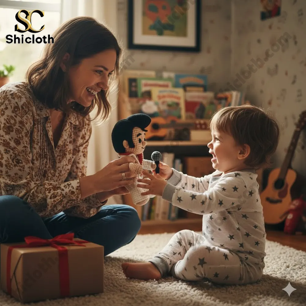 Mother and toddler holding a crochet singer doll with a small microphone!