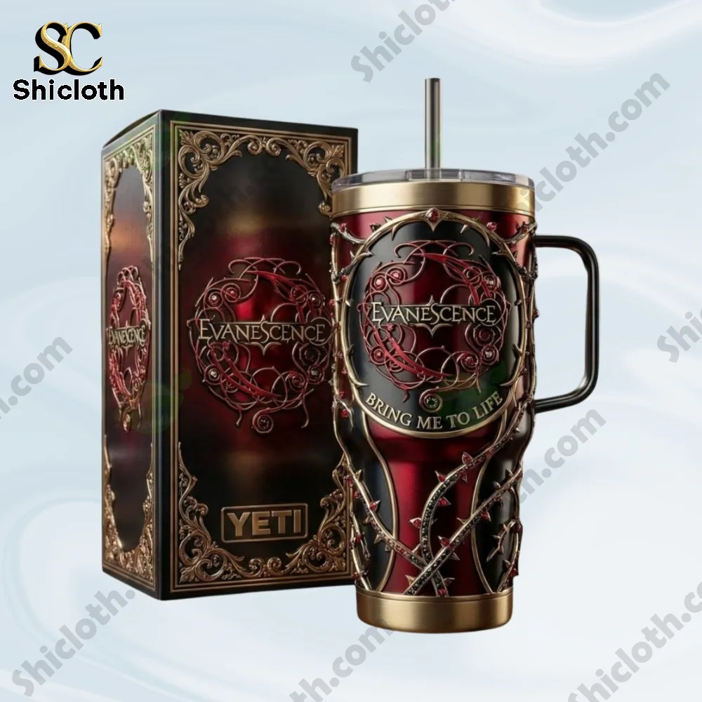 Gothic music themed tumbler with handle on display!