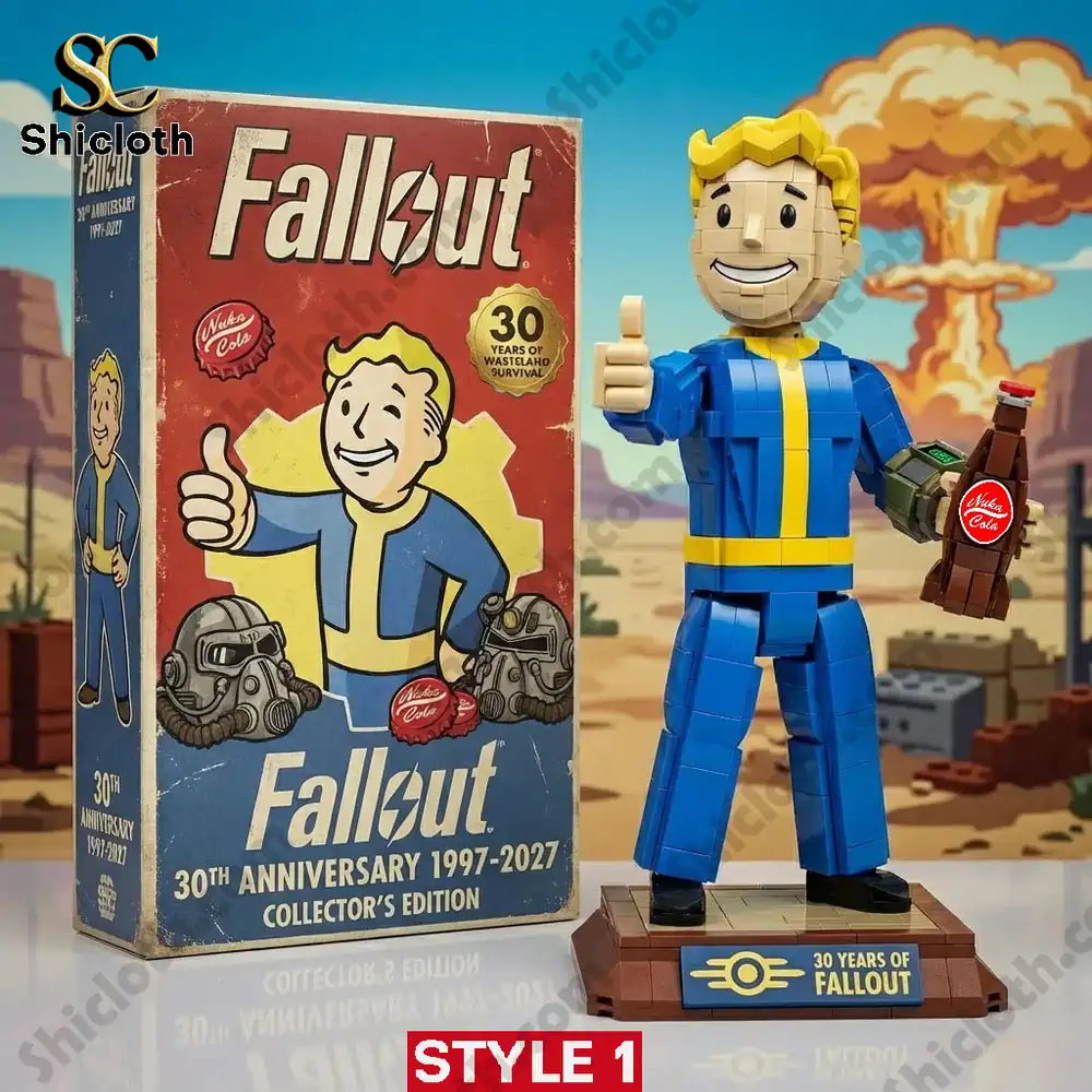 Fallout 30th anniversary collector box beside a LEGO style Vault Boy figure holding a bottle.