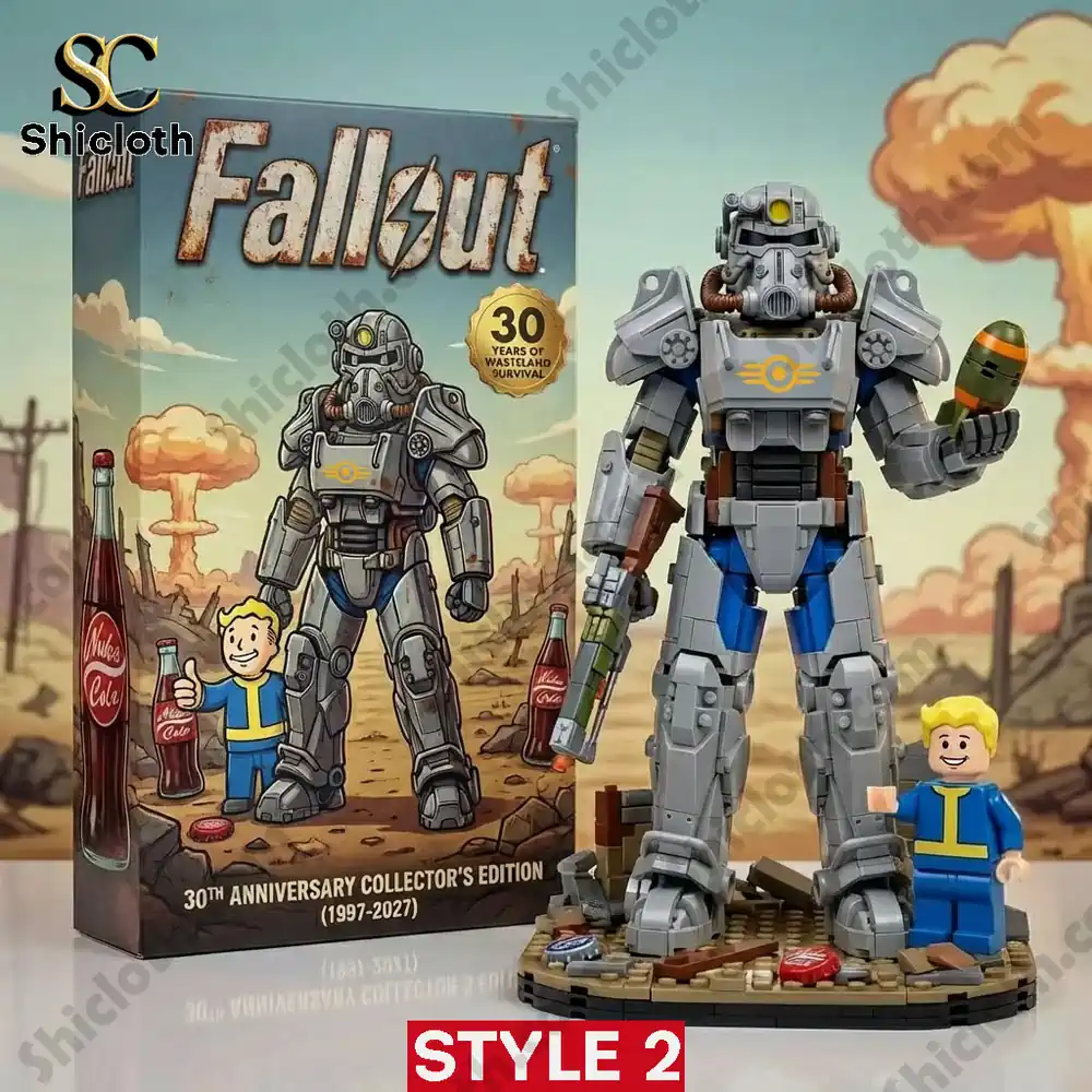 Fallout 30th anniversary collector box next to a brick built power armor figure and a small Vault Boy minifigure.