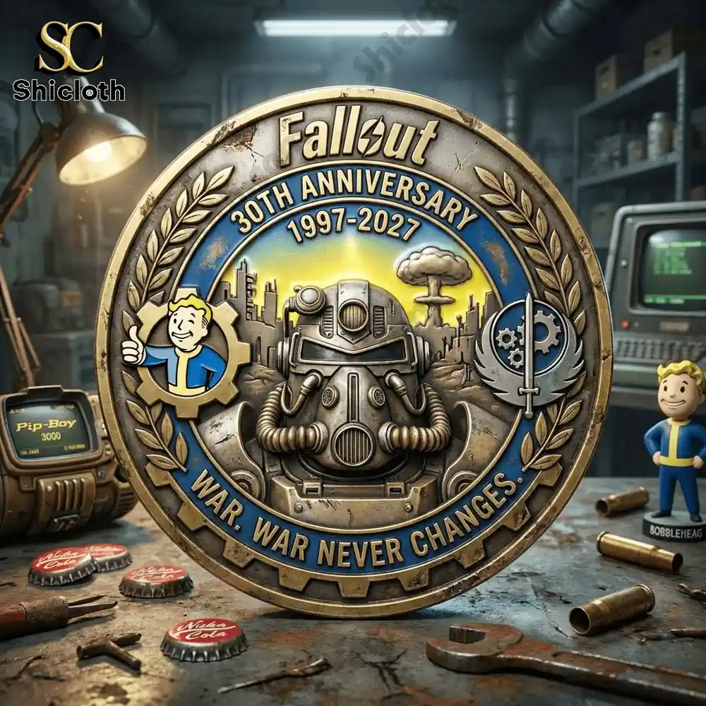 Fallout 30th anniversary coin featuring power armor and Vault Boy design.
