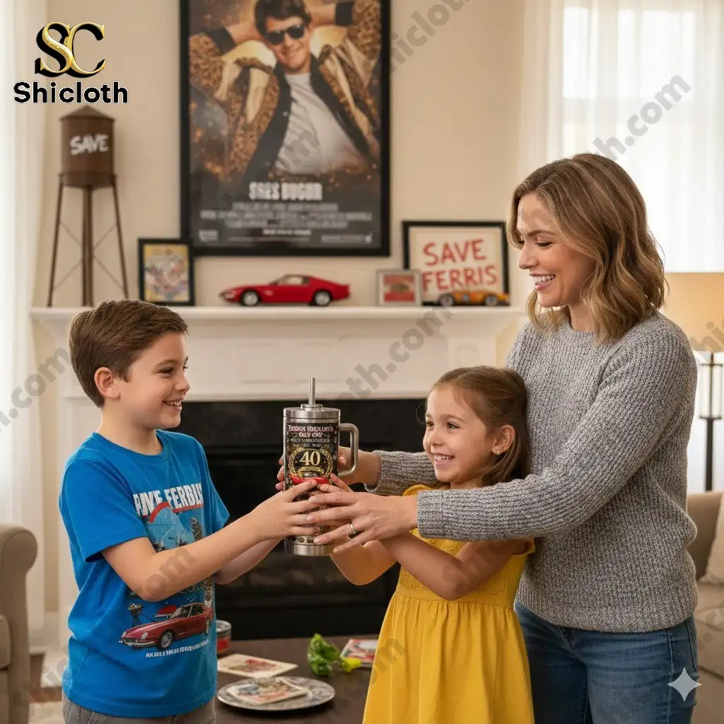 Mother and two children holding Ferris Buellers Day Off 40th Anniversary tumbler in living room!