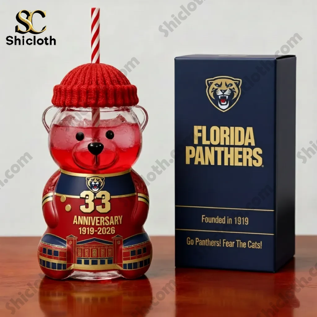 Florida Panthers 33rd anniversary bear shaped bottle with matching branded gift box on a table.