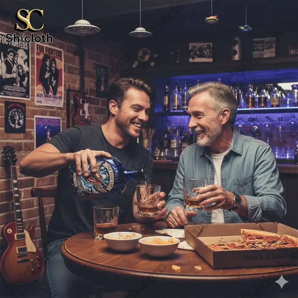 Two men enjoying whiskey with a Foo Fighters anniversary decanter in a bar!