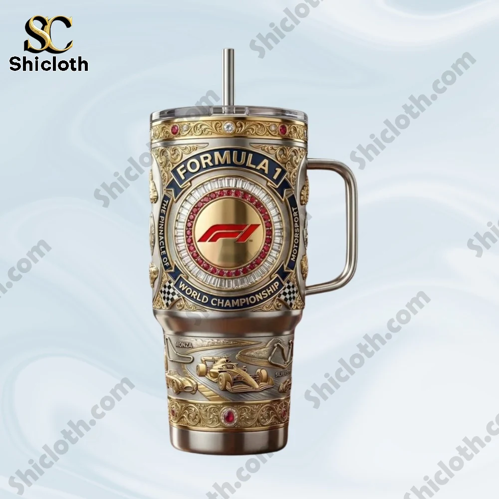 Luxury Formula 1 metal tumbler with detailed racing design!