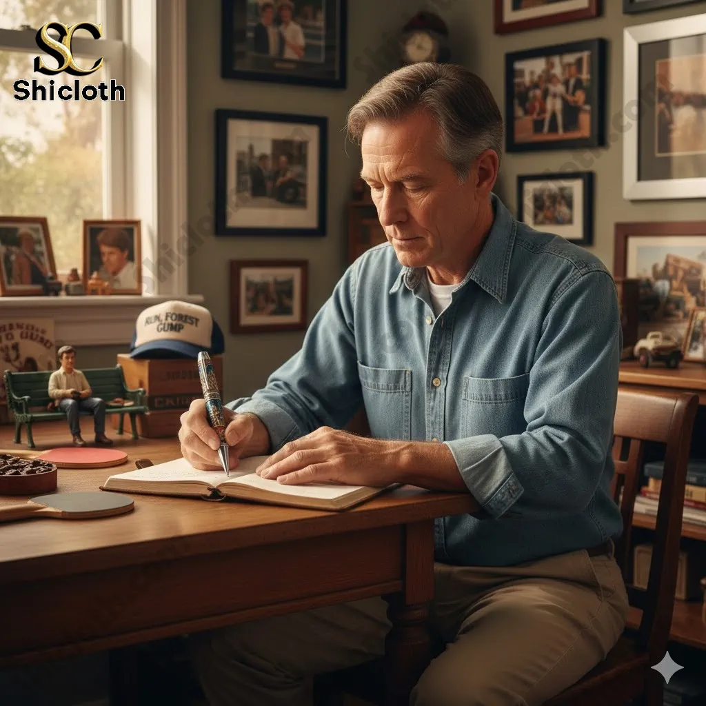 Man writing at desk with Forrest Gump commemorative pen by Shiclothg