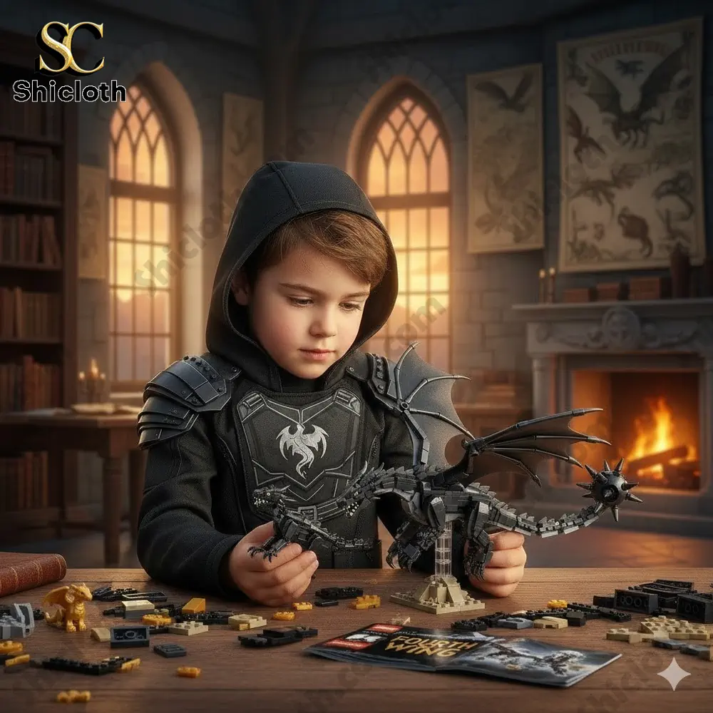 A boy in dark armor building a black dragon brick model on a table.