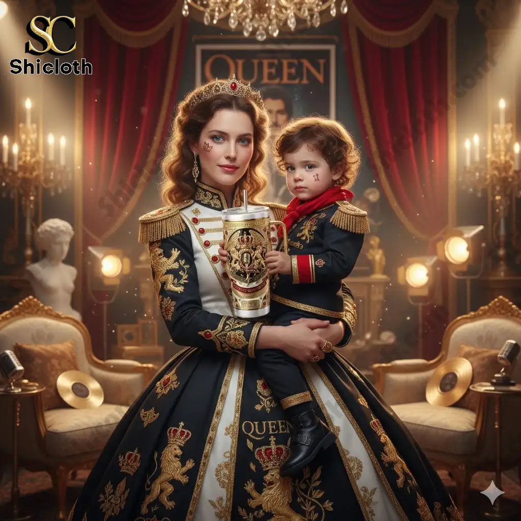 Queen themed royal woman holding a child and a decorative Freddie Mercury tumbler in a luxury palace setting.