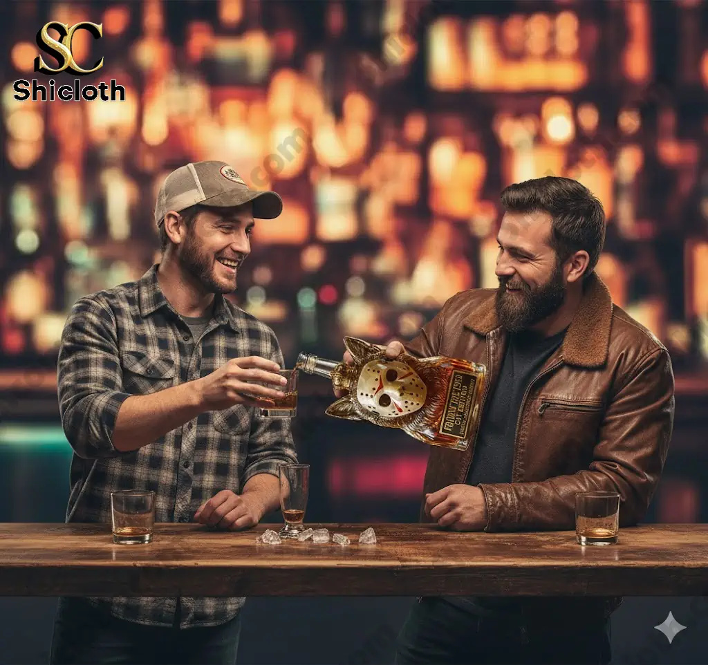 Two men pouring whiskey from Friday the 13th Cat Edition bottle at a bar