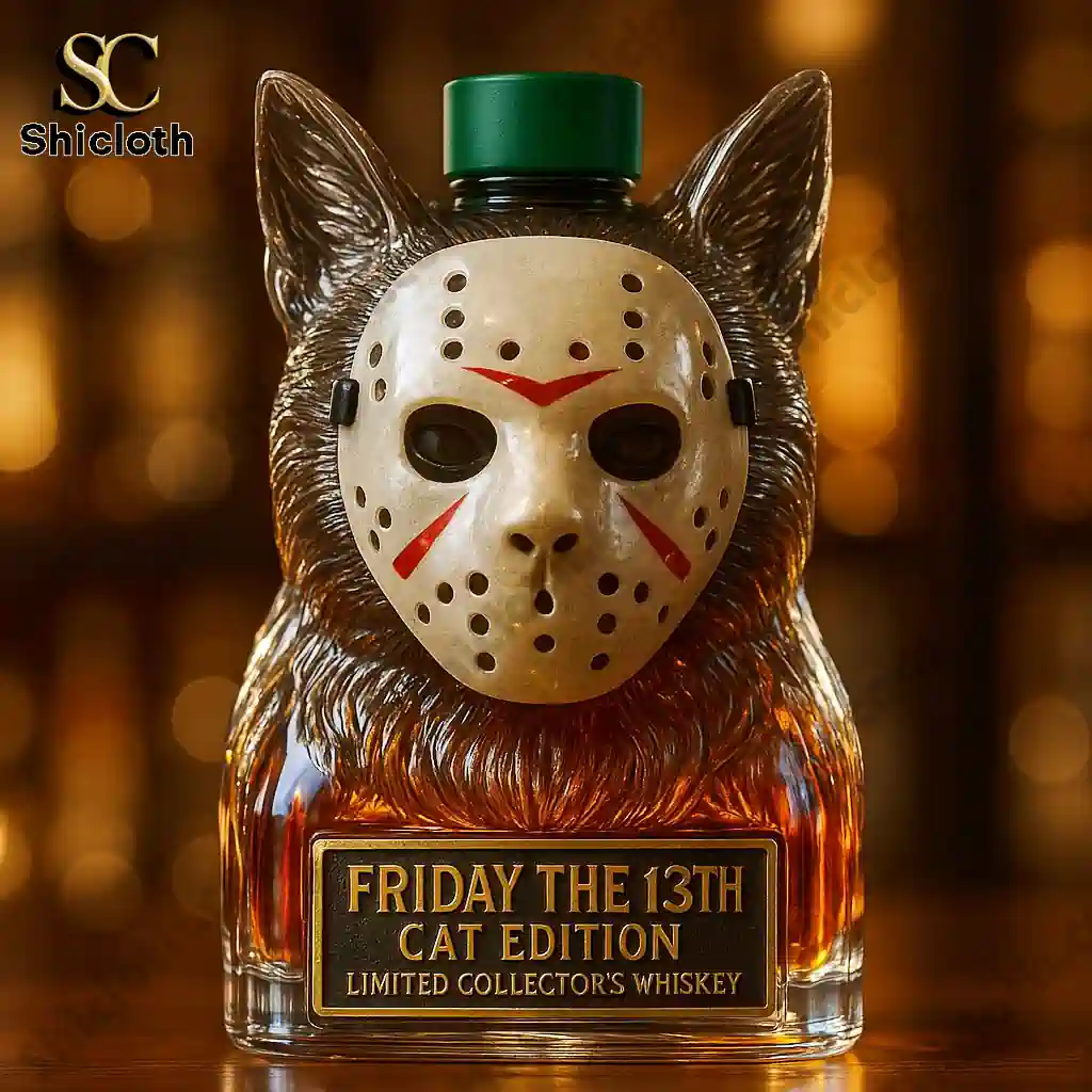 Friday the 13th Cat Edition whiskey bottle with green cap