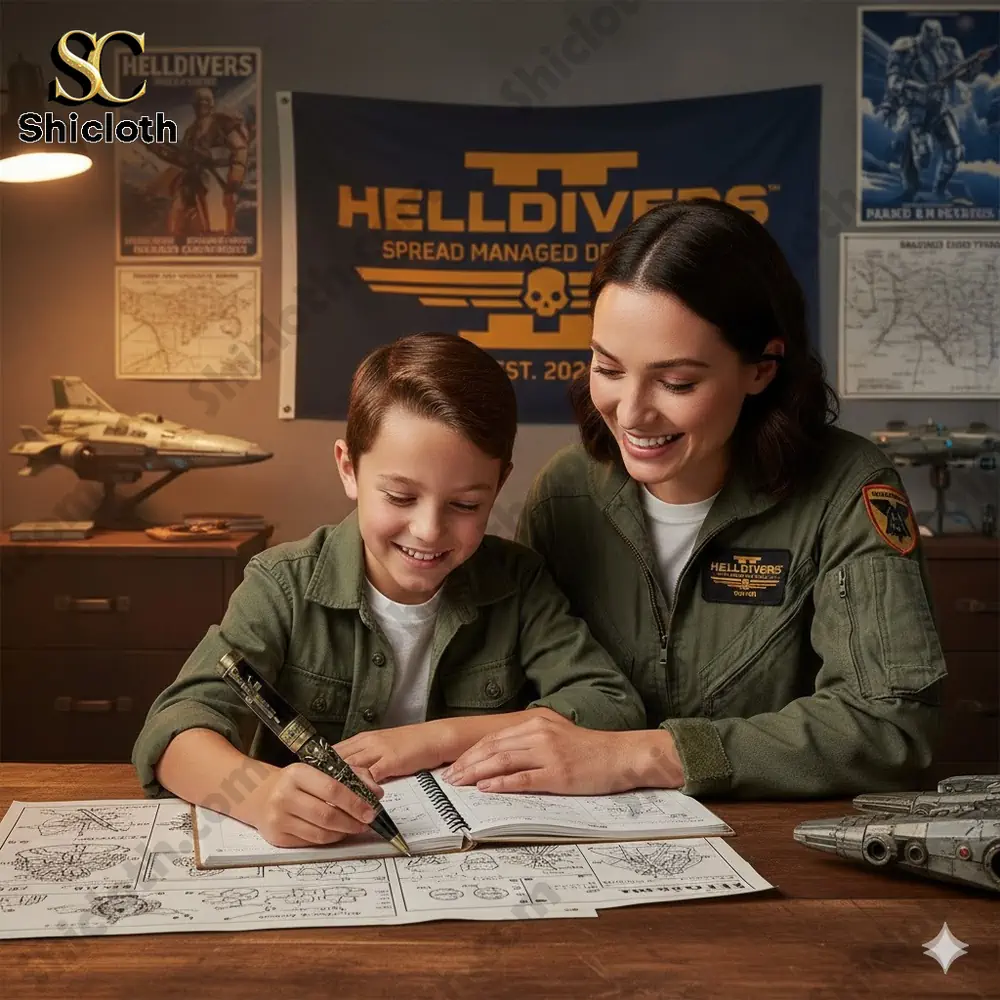 Mike Garage Built Not Bought Pen 86 Woman helps boy write using a themed pen at a desk with game decor!