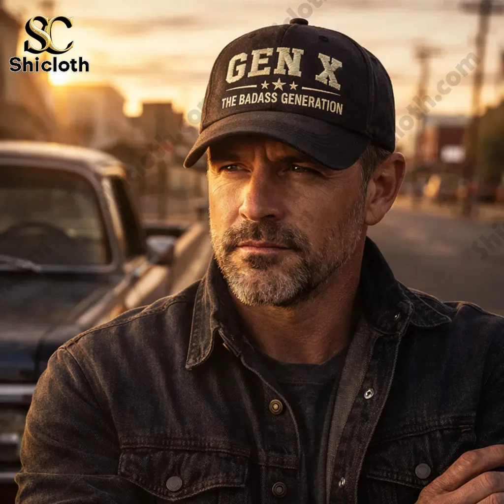 Man wearing black Gen X The Badass Generation cap by Shiclothg in sunset street setting!