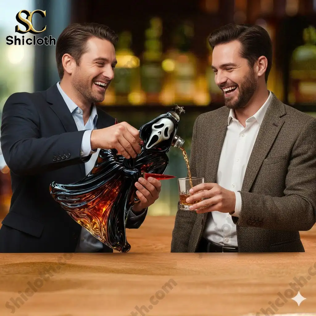 Two men pouring whiskey from a Ghostface shaped bottle at a bar!