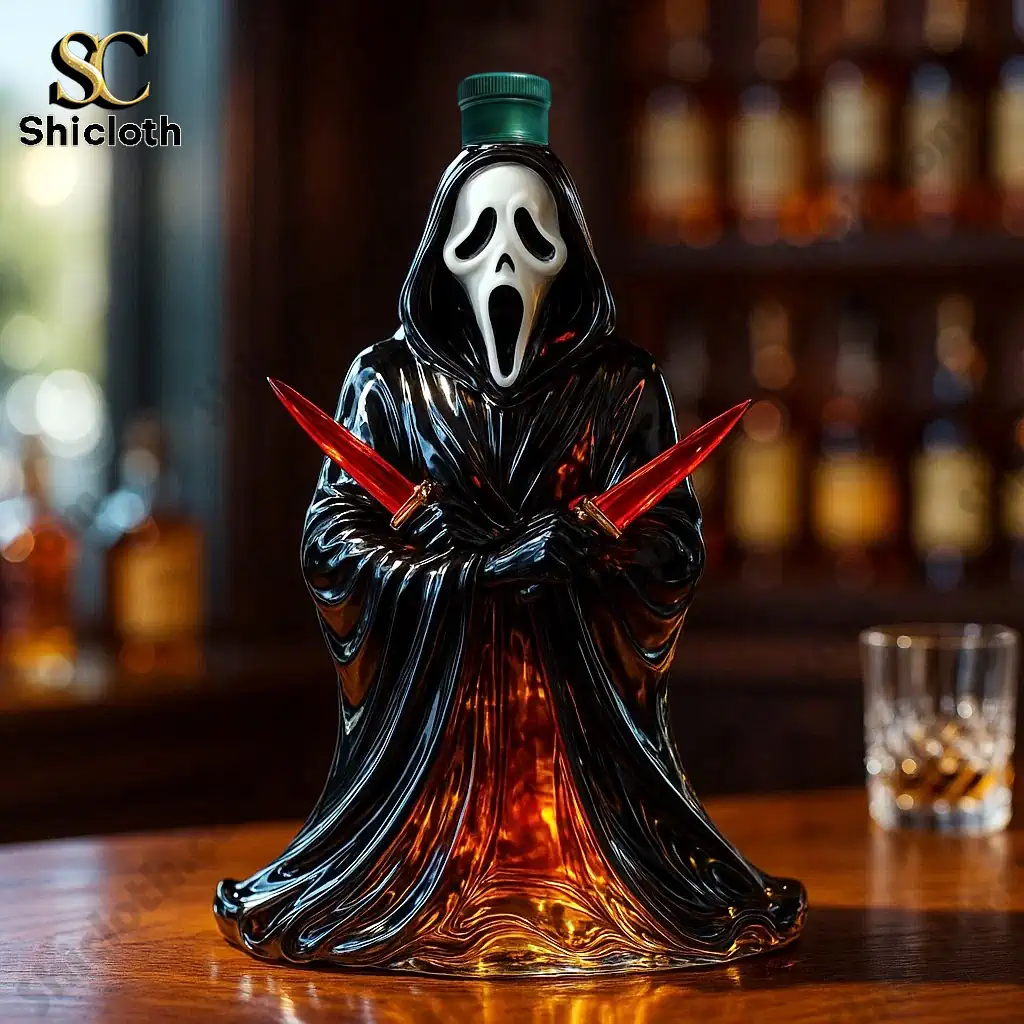 Ghostface Limited Edition Whiskey Bottle 3 Ghostface whiskey bottle with green cap on wooden bar!