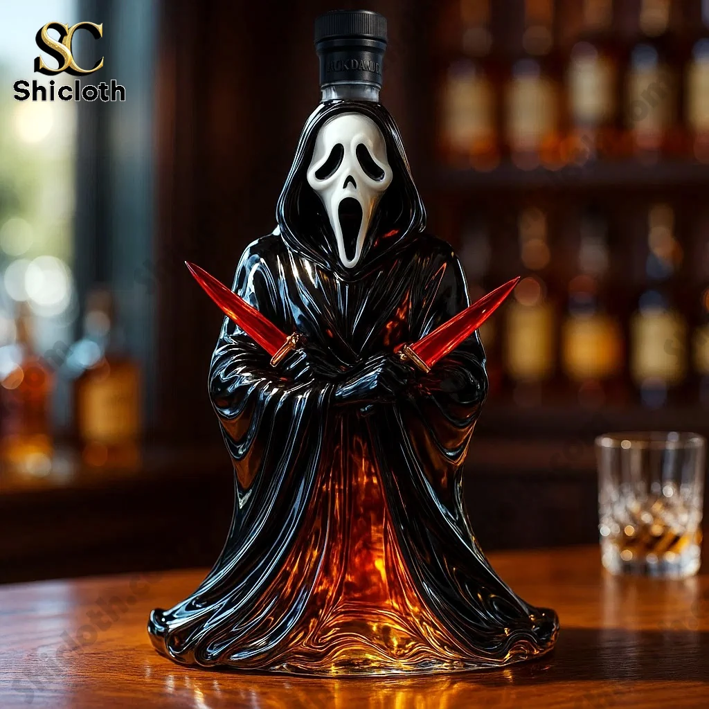 Ghostface Limited Edition Whiskey Bottle 5 Ghostface whiskey bottle with black cap on wooden bar!