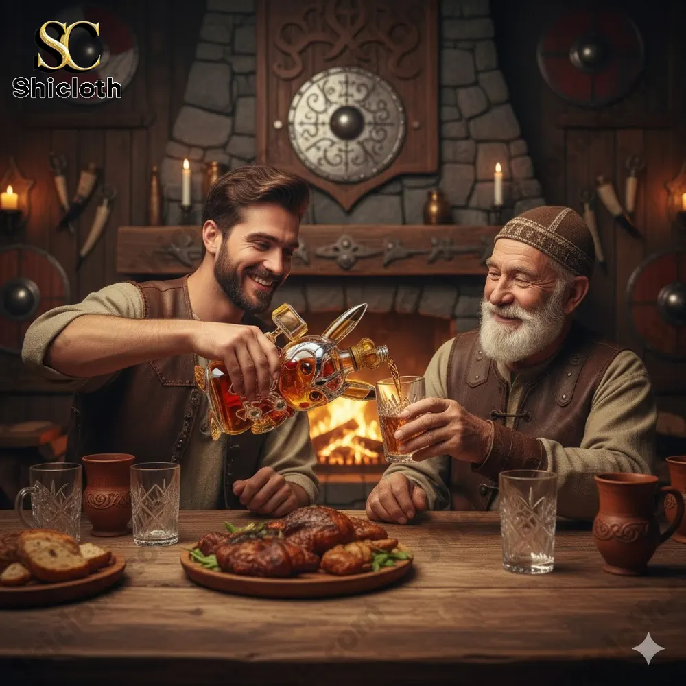 Man pouring drink from Thor Pikachu whiskey bottle for older man by fireplace!