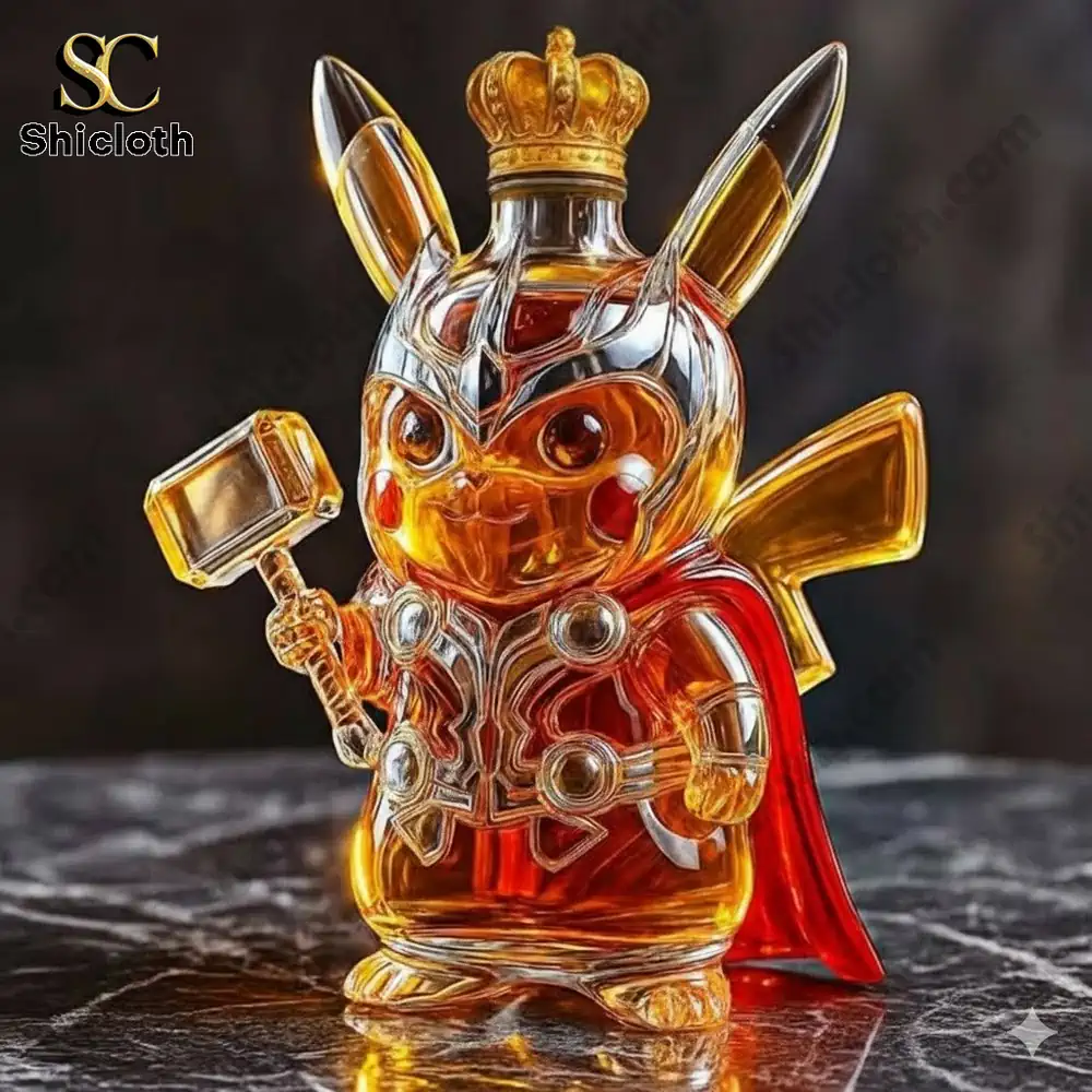 Close view of Thor Pikachu whiskey bottle with crown and hammer!