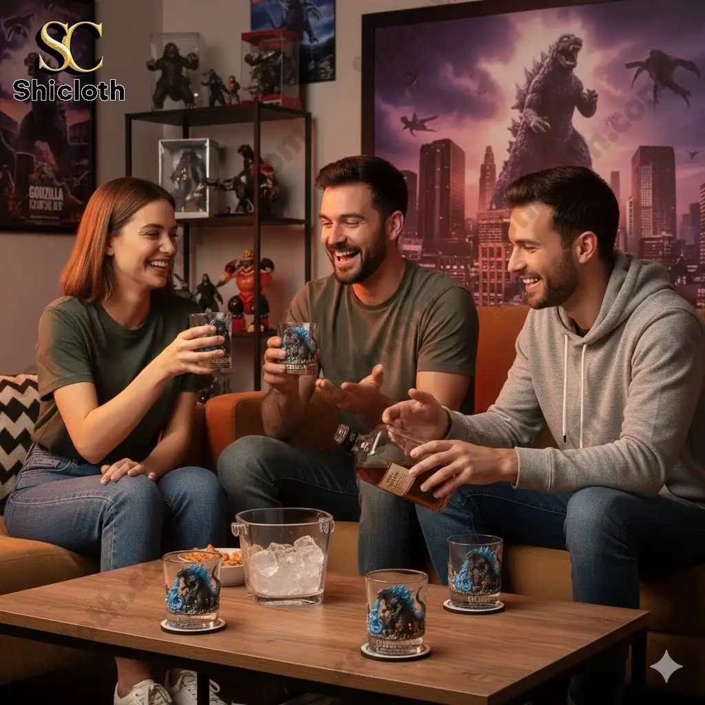 Friends enjoying whiskey with Godzilla anniversary glasses in a cozy living room.