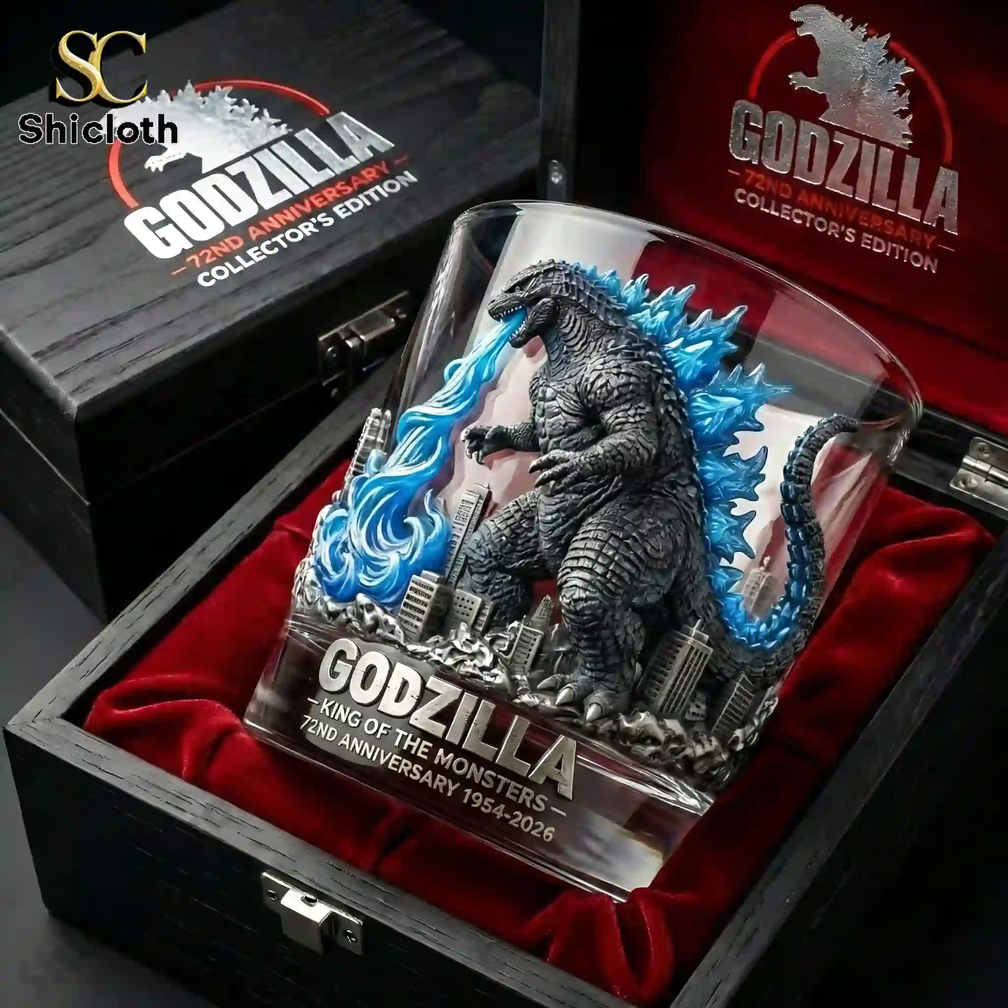 Close up of Godzilla anniversary whiskey glass in a luxury collector box.