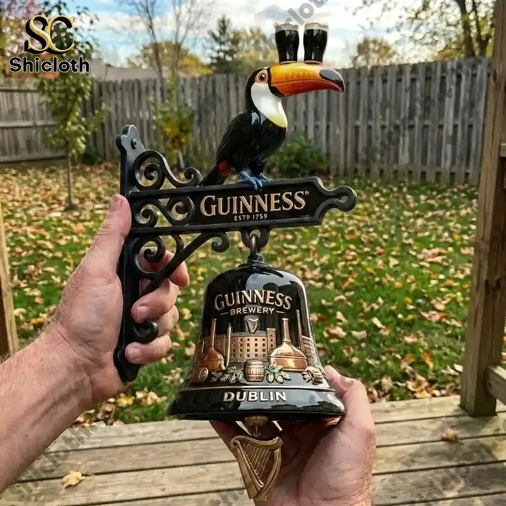 Guinness wall bell with toucan topper held in hands outdoors in backyard setting!