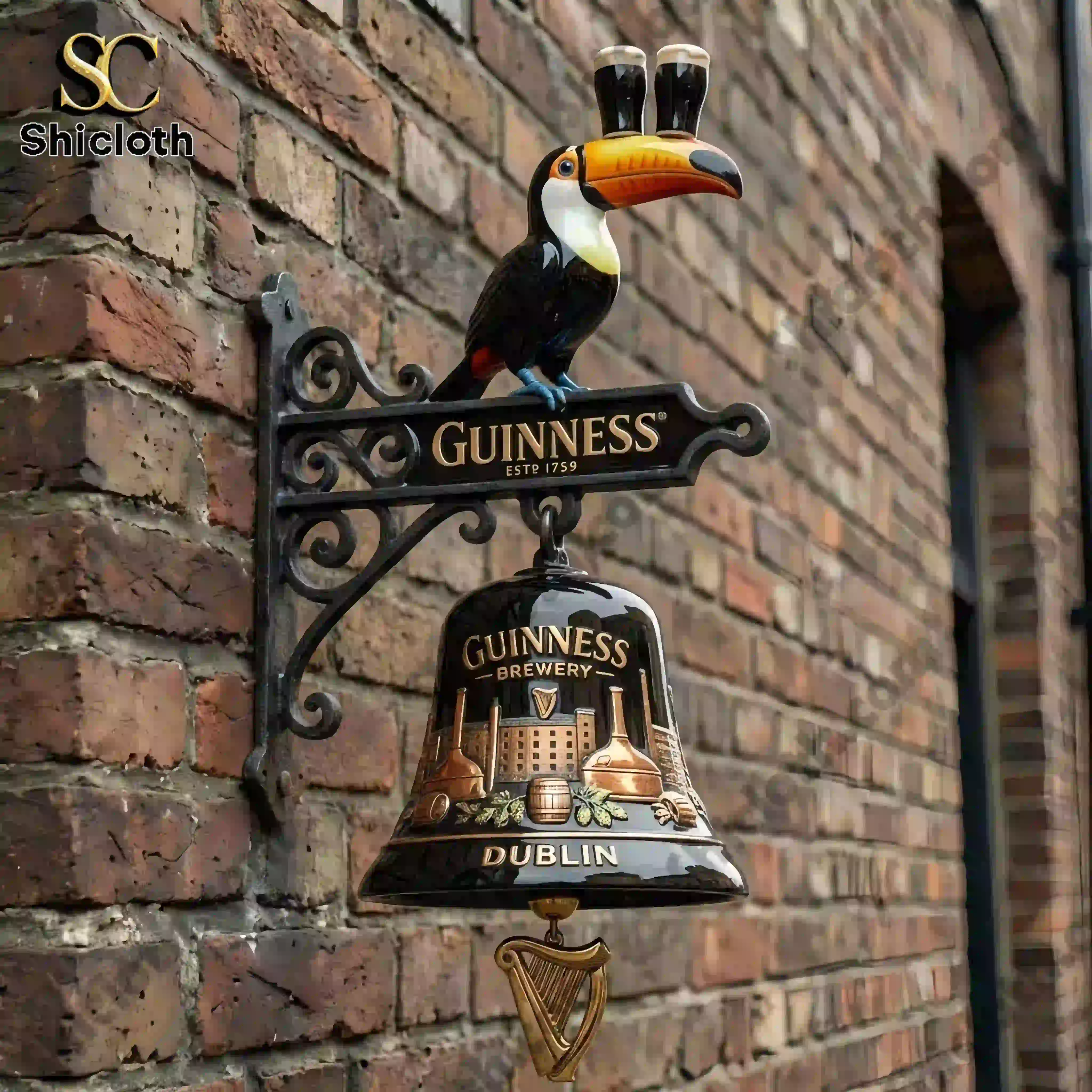 Guinness wall bell with toucan topper mounted on brick wall exterior!