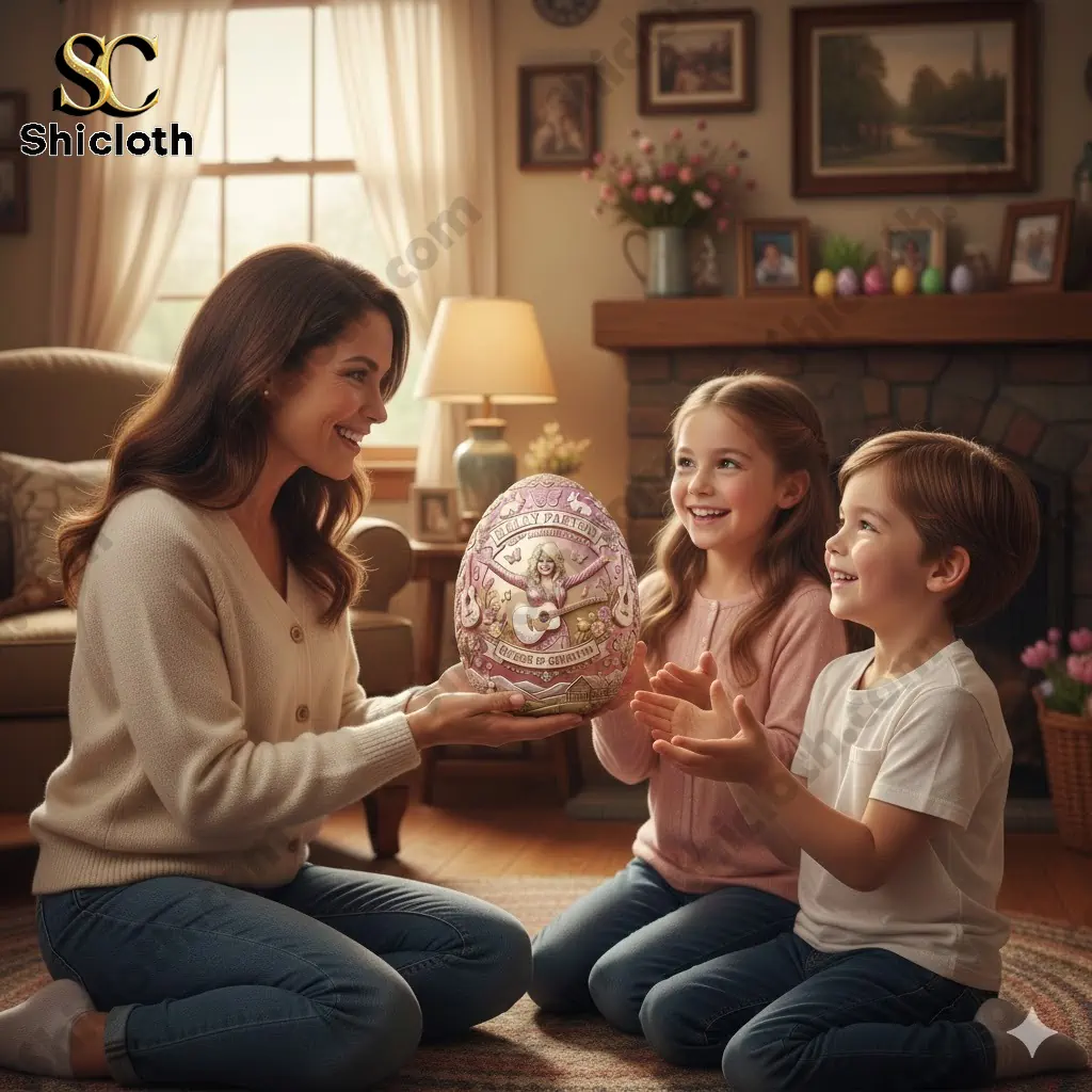 Mother giving Dolly Parton 80th Anniversary commemorative Easter egg to two happy children in a cozy living room!