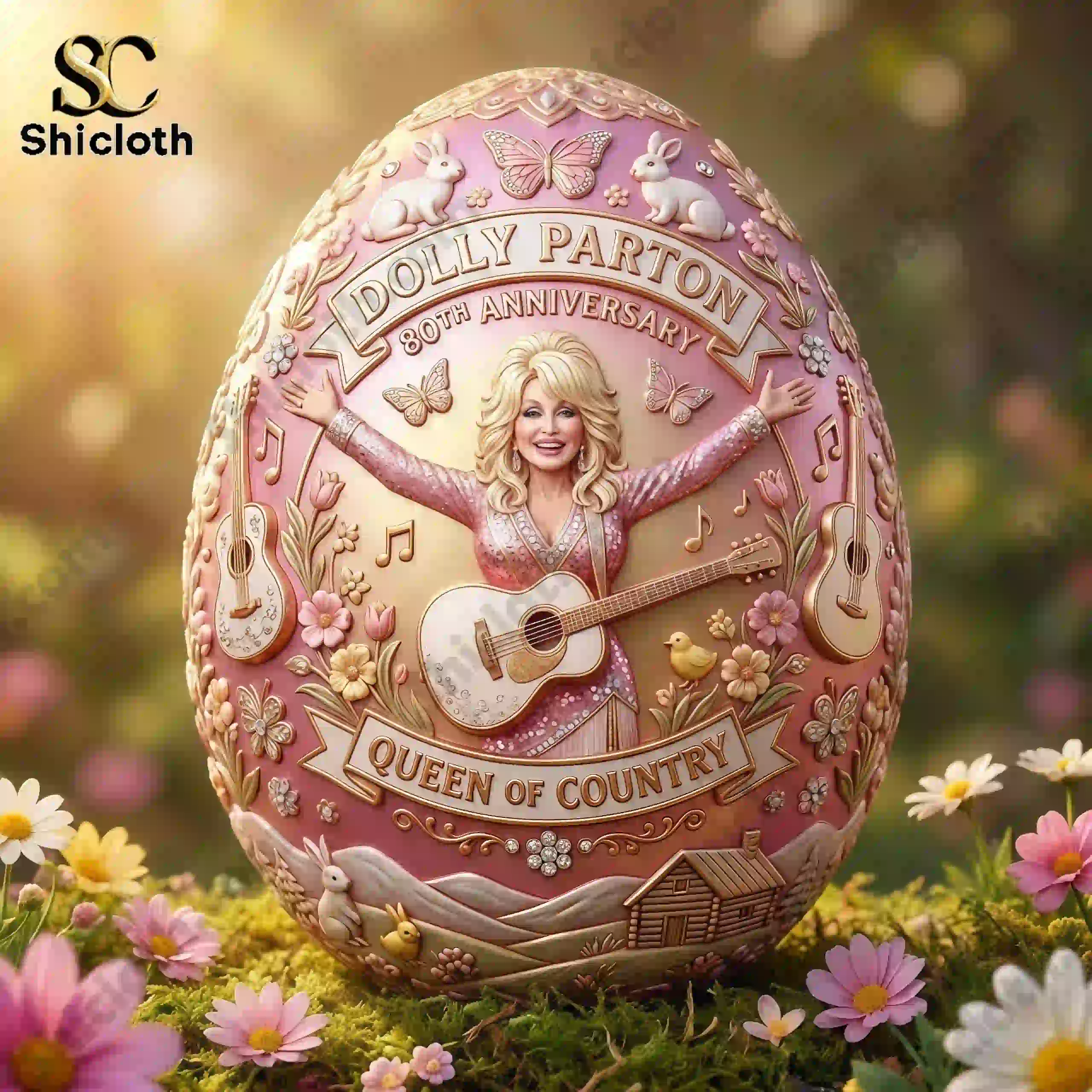 Close up of Dolly Parton 80th Anniversary commemorative Easter egg displayed among spring flowers!