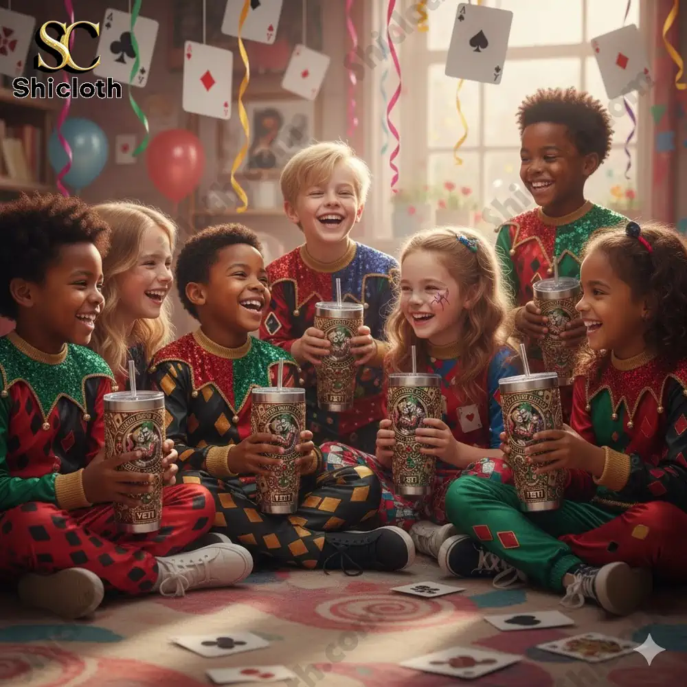 Children smiling together holding colorful themed tumblers at a festive indoor party.