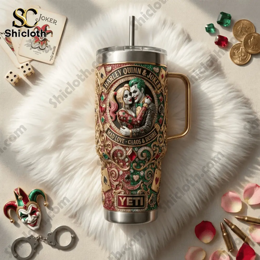 Harley & Joker Mad Love Chaos & Desire Happy Valentina Day Tumbler 4 Top view of character themed insulated tumbler on soft decorative background.