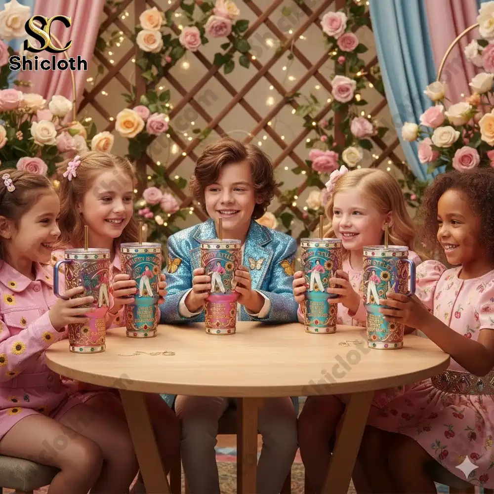 Children holding colorful decorated tumblers at a floral party table!