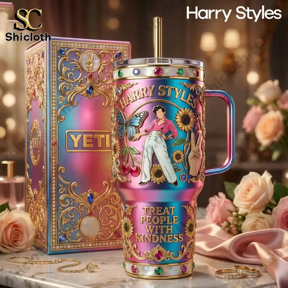 Decorative tumbler with floral details beside gift box!