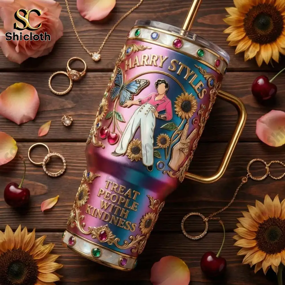 Harry Styles Treat People with Kindness Tumbler 3 Artistic tumbler surrounded by flowers and jewelry on wood!