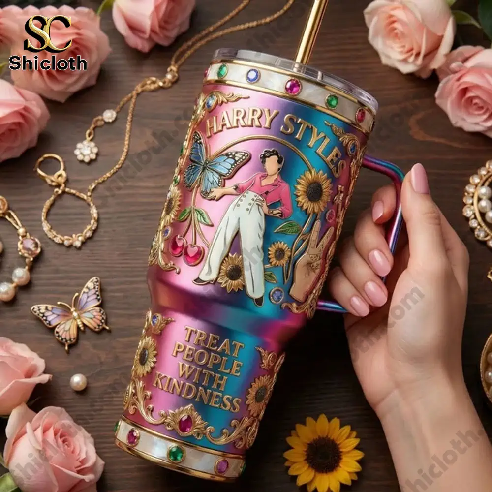 Harry Styles Treat People with Kindness Tumbler 4 Hand holding decorative tumbler with floral background!