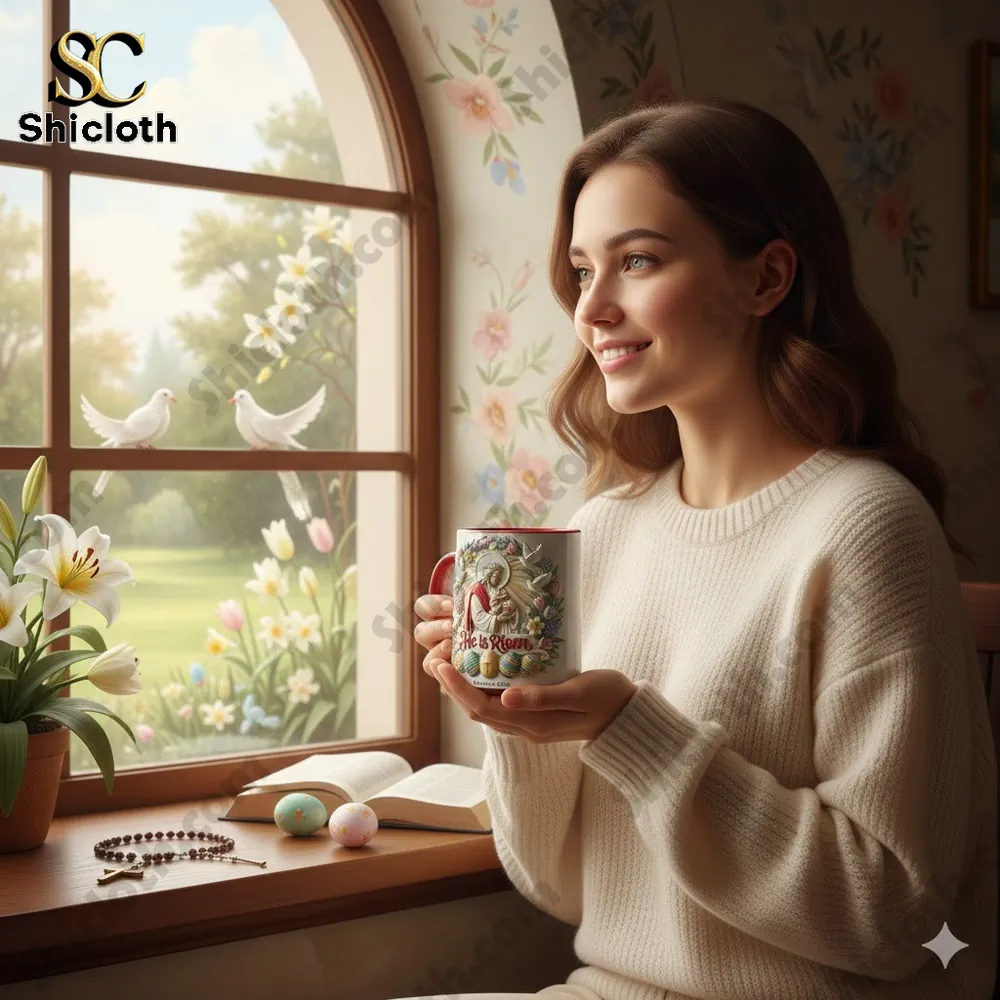 Woman holding a He is Risen Easter Christian mug by a window with spring flowers.