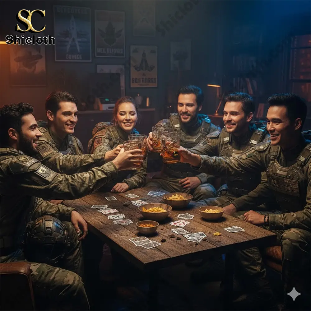 Soldiers in uniform raising glasses together at a table!