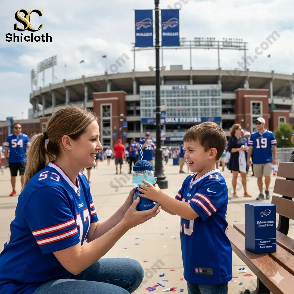 Alt text A mother and child in Buffalo Bills jerseys holding a bear shaped souvenir cup outside the stadium!