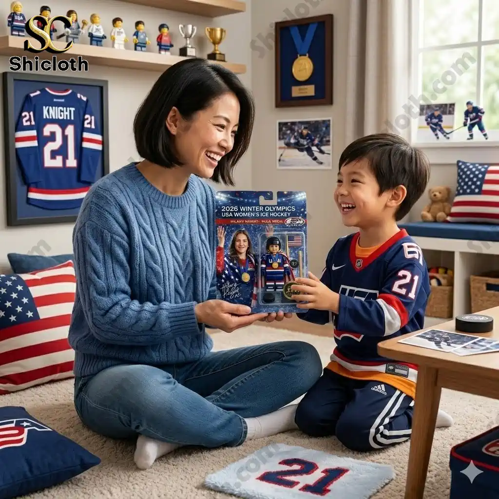 Mother and son holding Hilary Knight 2026 Gold Medal Edition USA Ice Hockey figure in a hockey themed room by Shiclothg!
