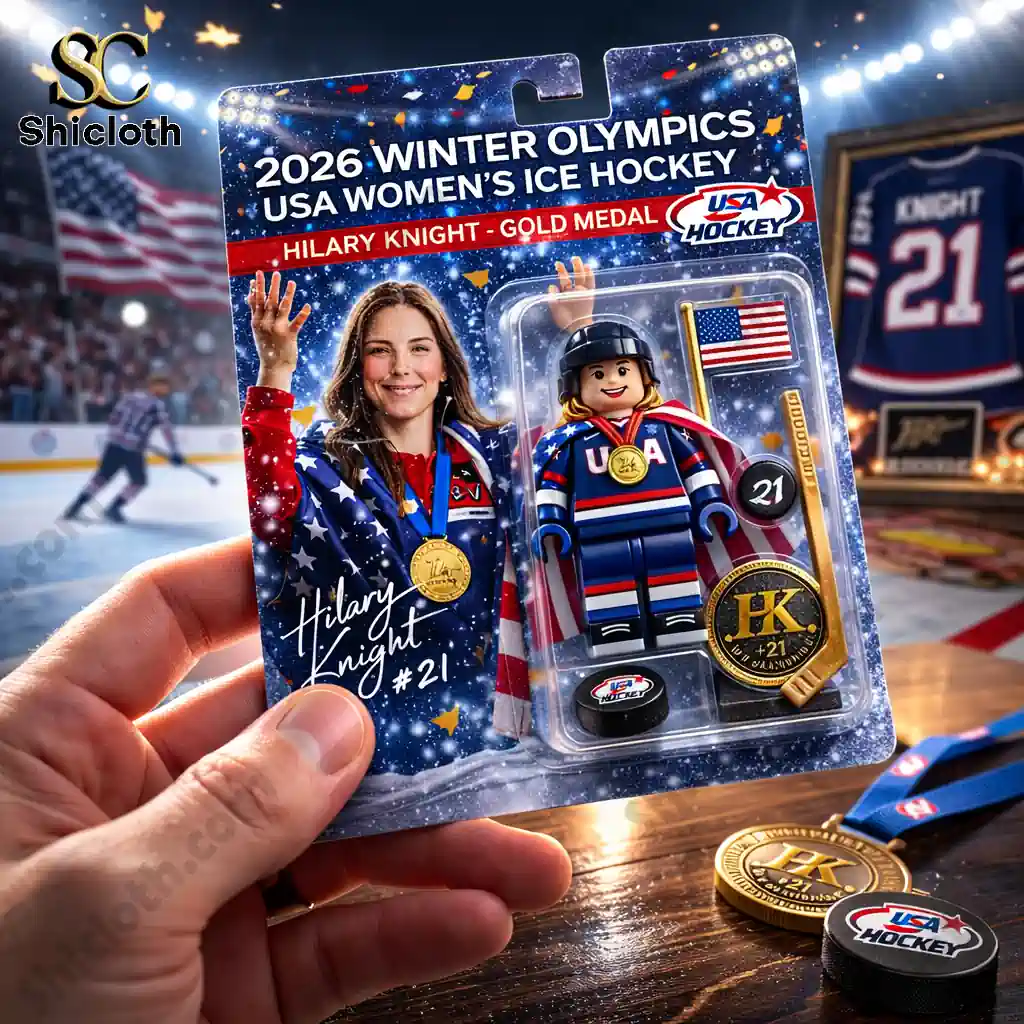 Close up of Hilary Knight 2026 Gold Medal Edition USA Women Ice Hockey figure package held in hand by Shiclothg!