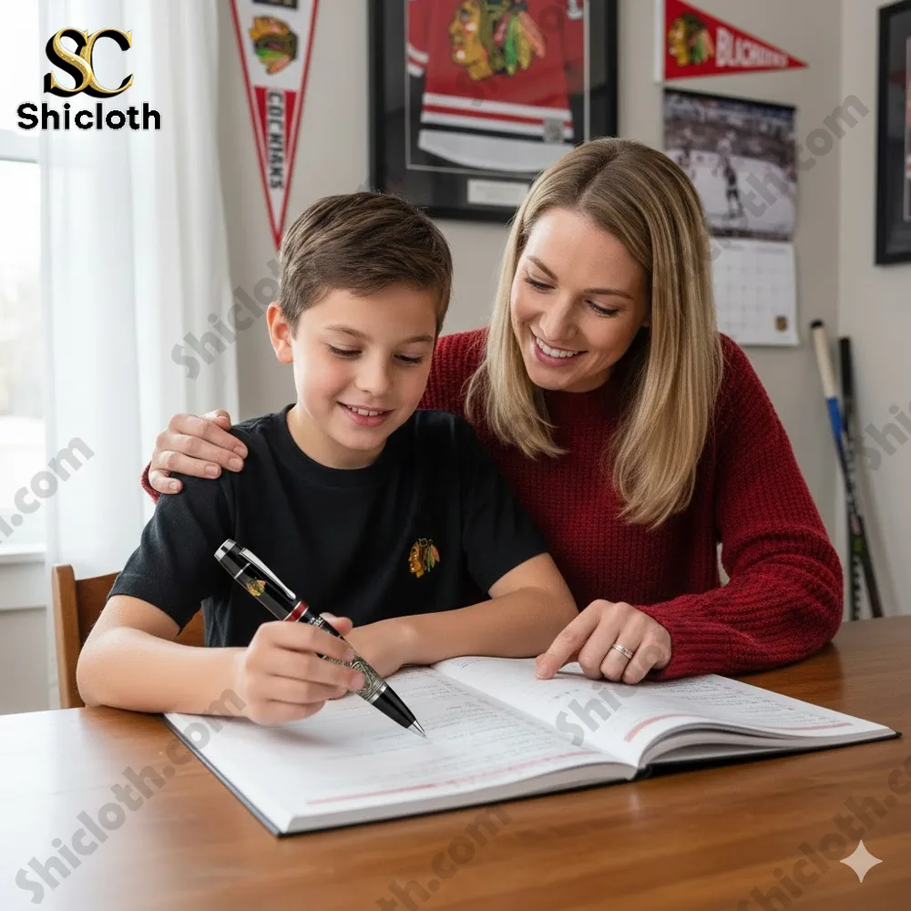 Mike Garage Built Not Bought Pen 82 Mother guiding boy using Chicago Blackhawks anniversary pen!