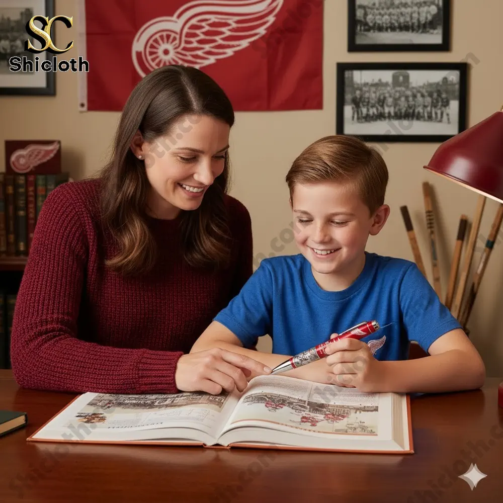 Mike Garage Built Not Bought Pen 80 Mother helping boy study with Detroit Red Wings anniversary pen!