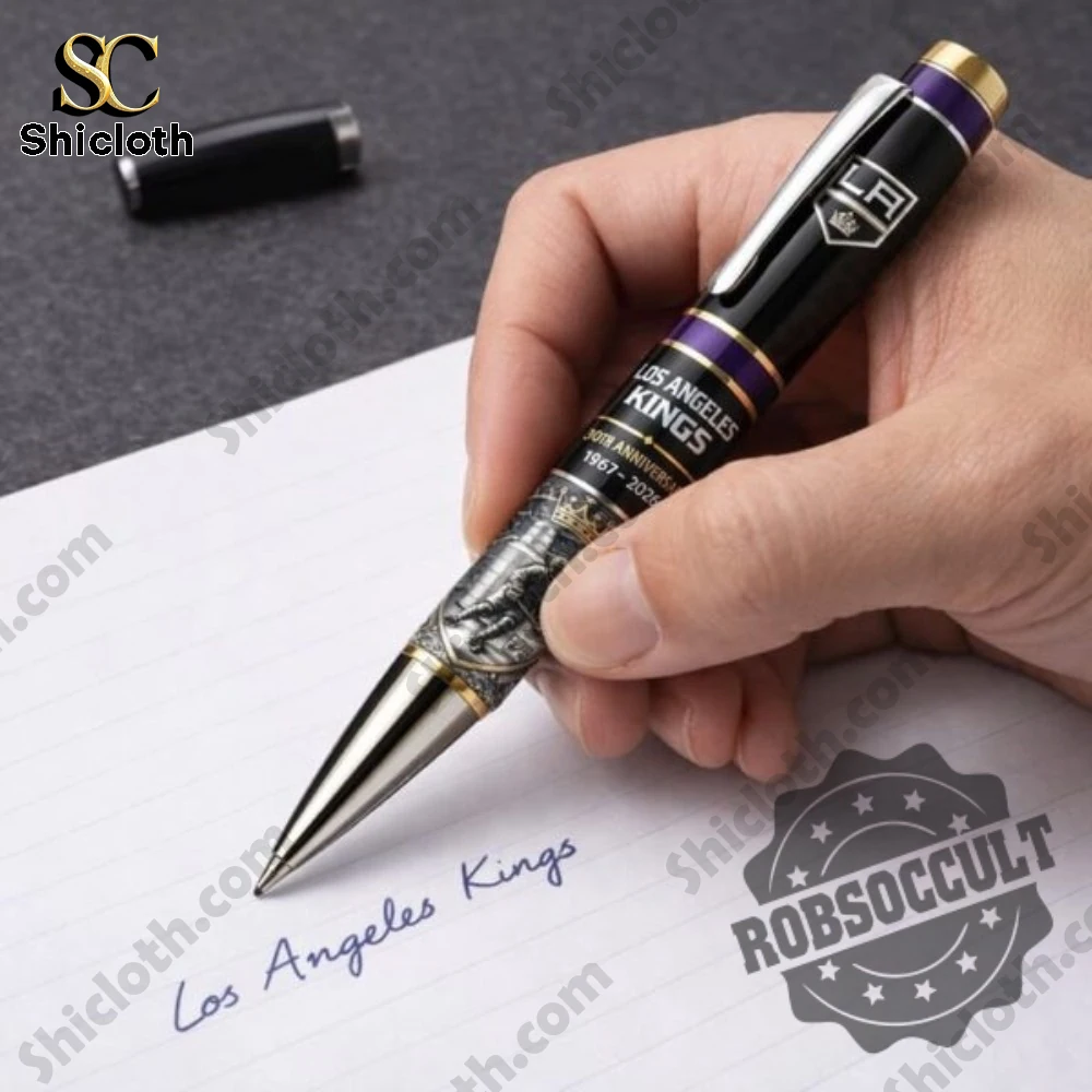 Hockey Team Los Angeles Kings 50Th Anniversary Pen 3 Hand writing with Los Angeles Kings anniversary pen closeup!