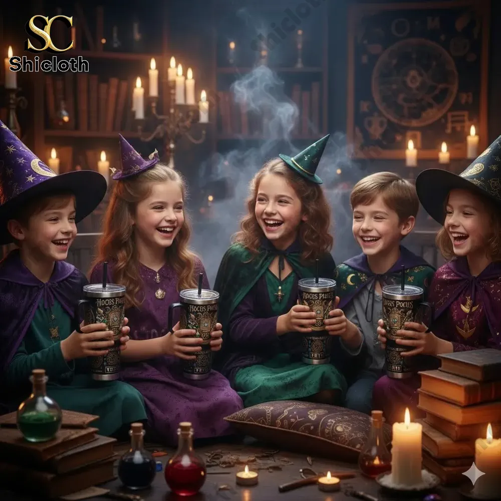 Children wearing witch costumes sitting together and holding Shicloth Hocus Pocus tumblers in a magical room!